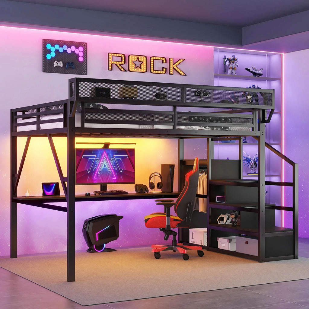 QueenloftbedwithdeskandRGBlighting_gamingandworkspacesetupunderneath_idealforteensandadults.