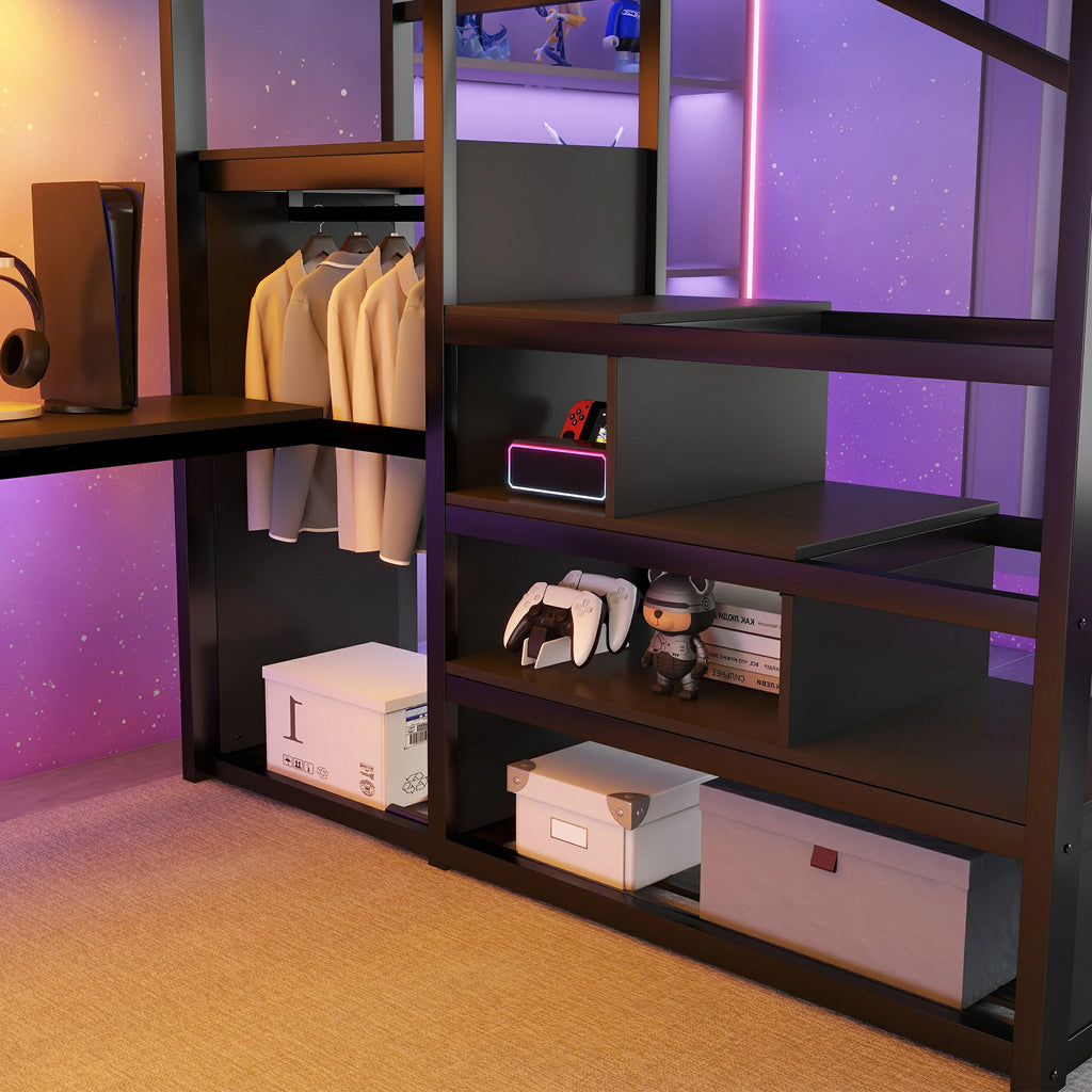 Queenloftbedwithstaircasestorageandbuilt-inwardrobe_practicalsolutionfororganizingclothesanddailyitems.
