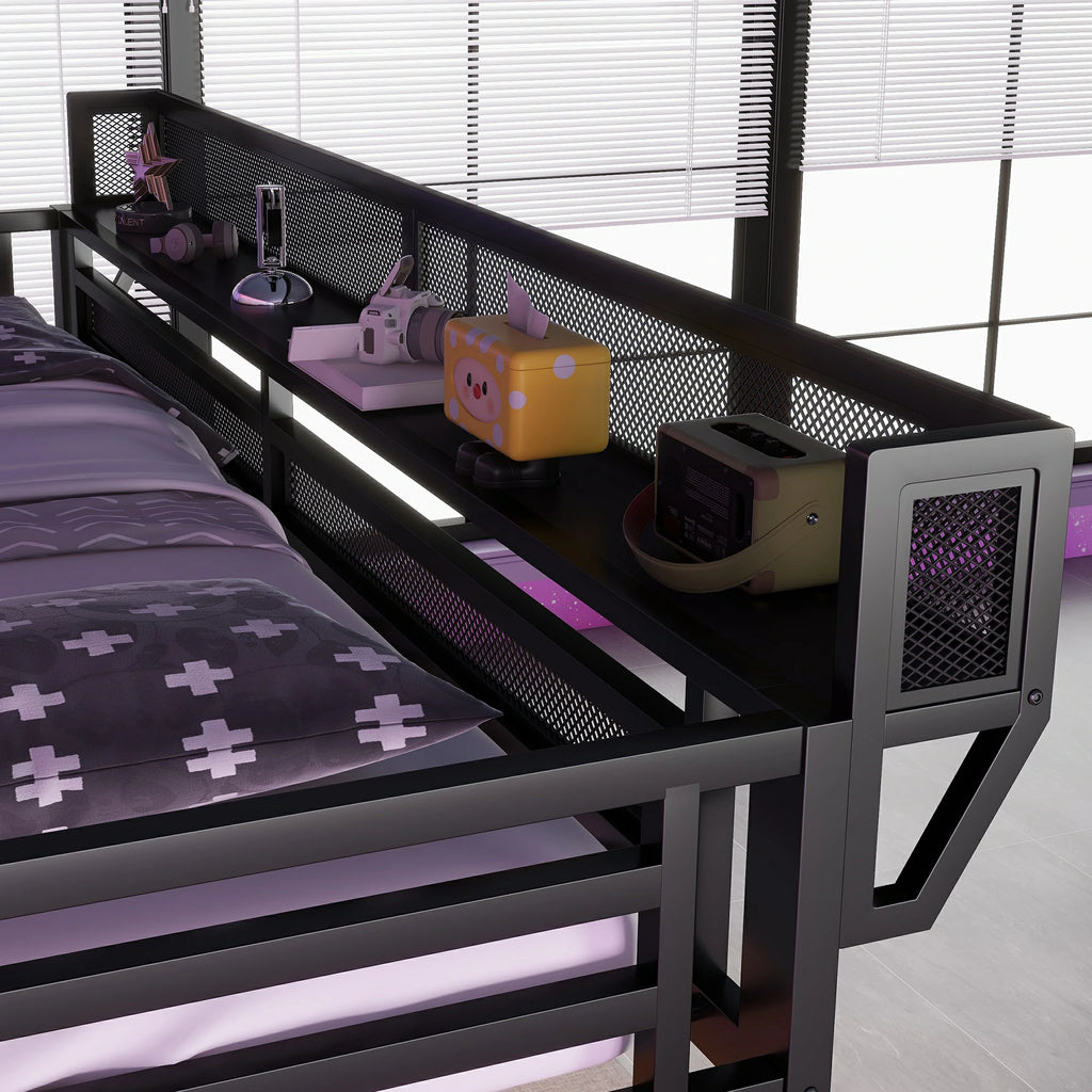 Queensizeloftbedwithupperstorageshelfandmeshguardrails_safeandconvenientstorageforbedsideessentials.