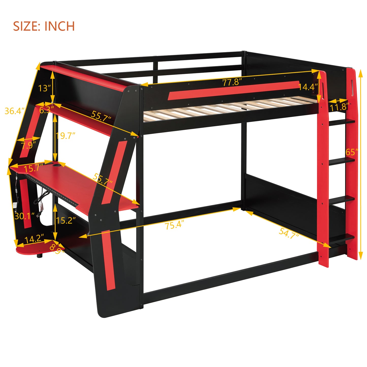 Mirightone™ Gaming Bunk Bed with Desk and Storage Shelf, LED Lights, USB Charging for Boys Gamer Adults