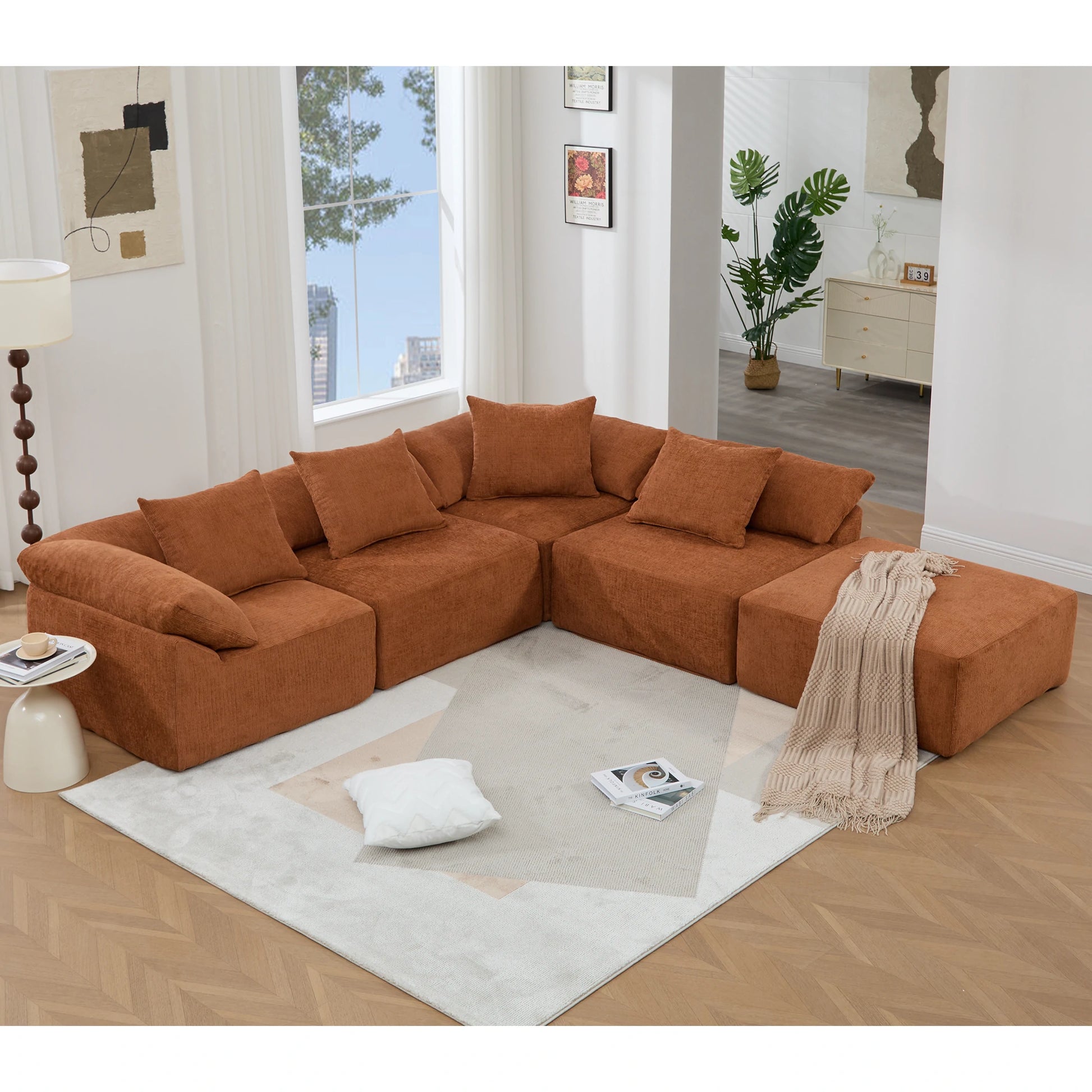 RustchenillemodularsectionalsofaarrangedinacozyU-shapeinamodernlivingroom