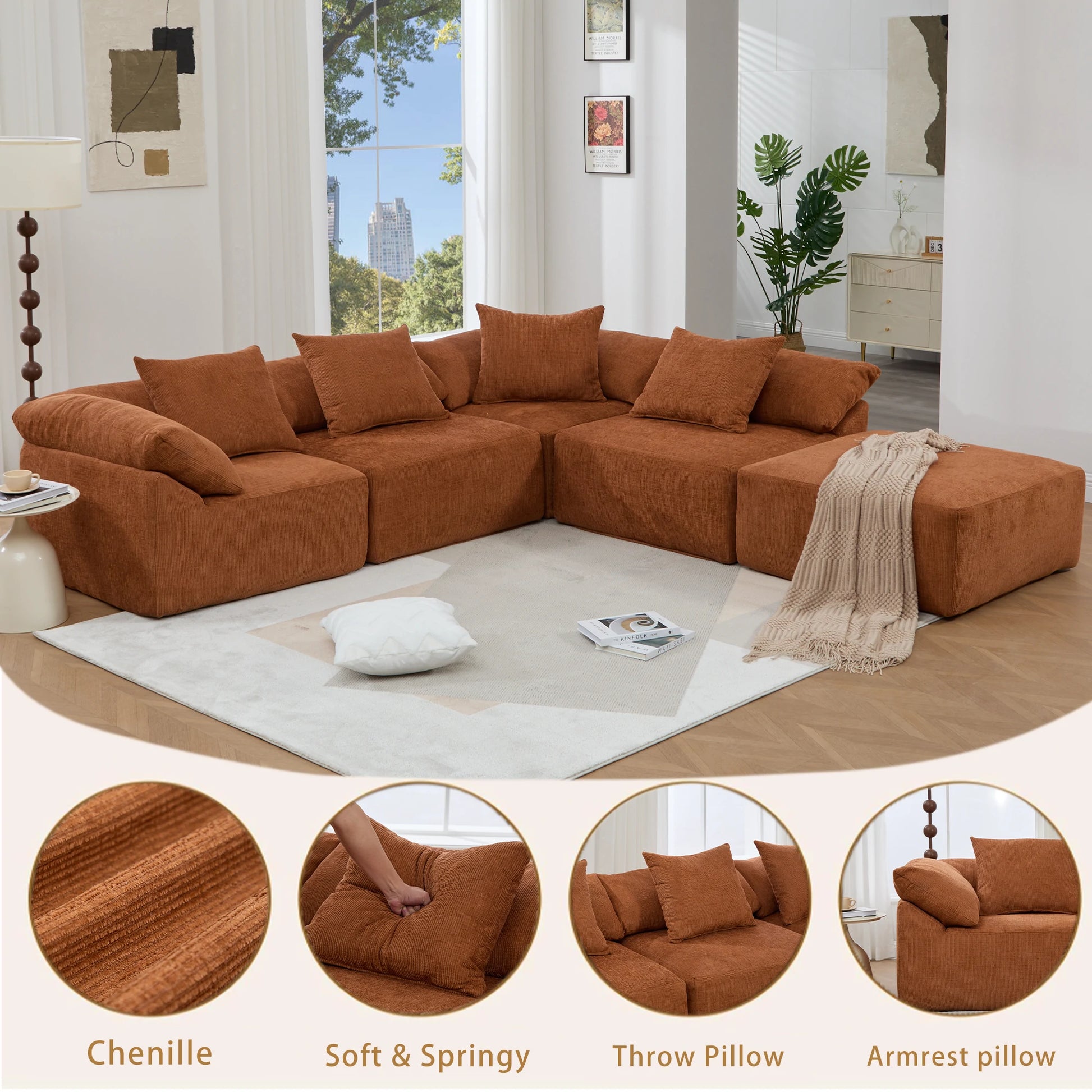 Rustchenillemodularsofahighlightingchenillefabric_softcushions_throwpillows_andarmrestpillows