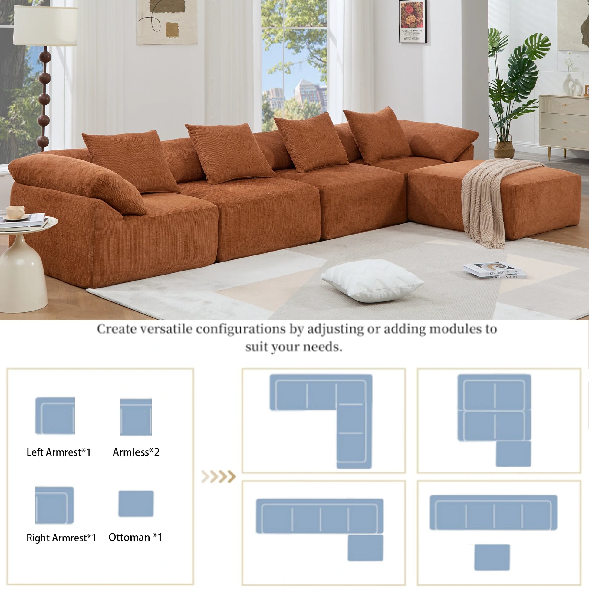 Rustmodularsectionalsofashowingconfigurablelayoutoptionswitharmlessseats_armrests_andottoman