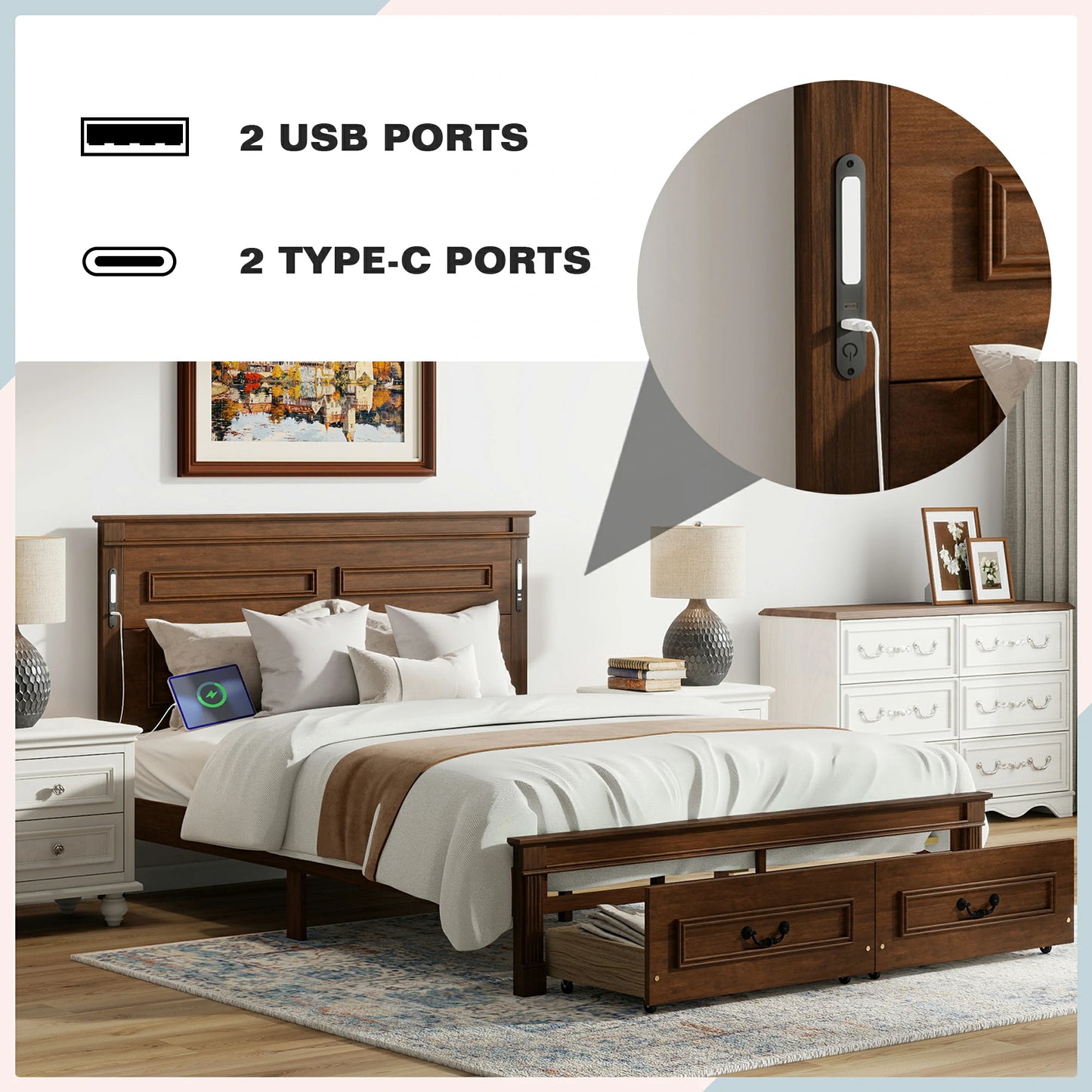 Mirightone ™ Queen Size Bed Frame with 2 Storage Drawers, Strengthened Frame.