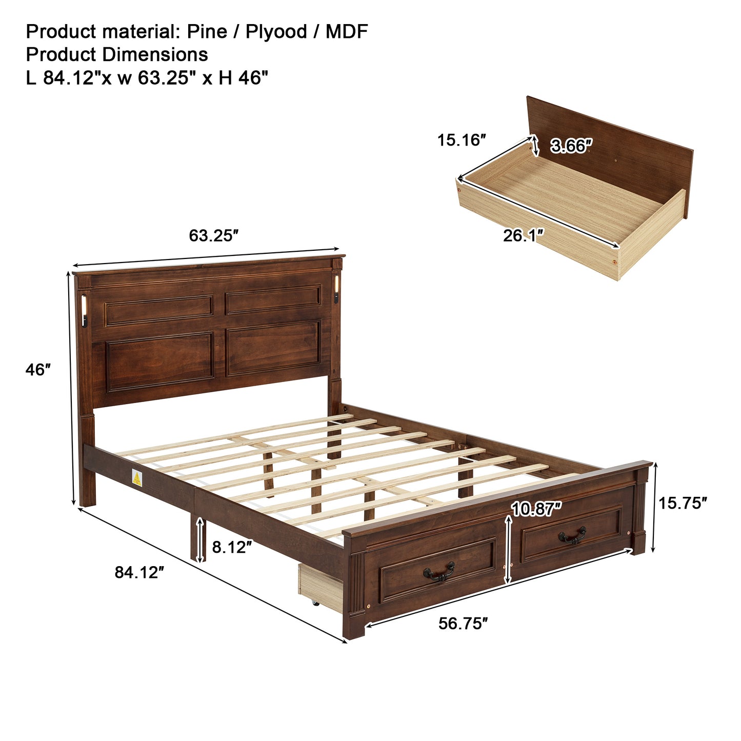 Mirightone ™ Queen Size Bed Frame with 2 Storage Drawers, Strengthened Frame.