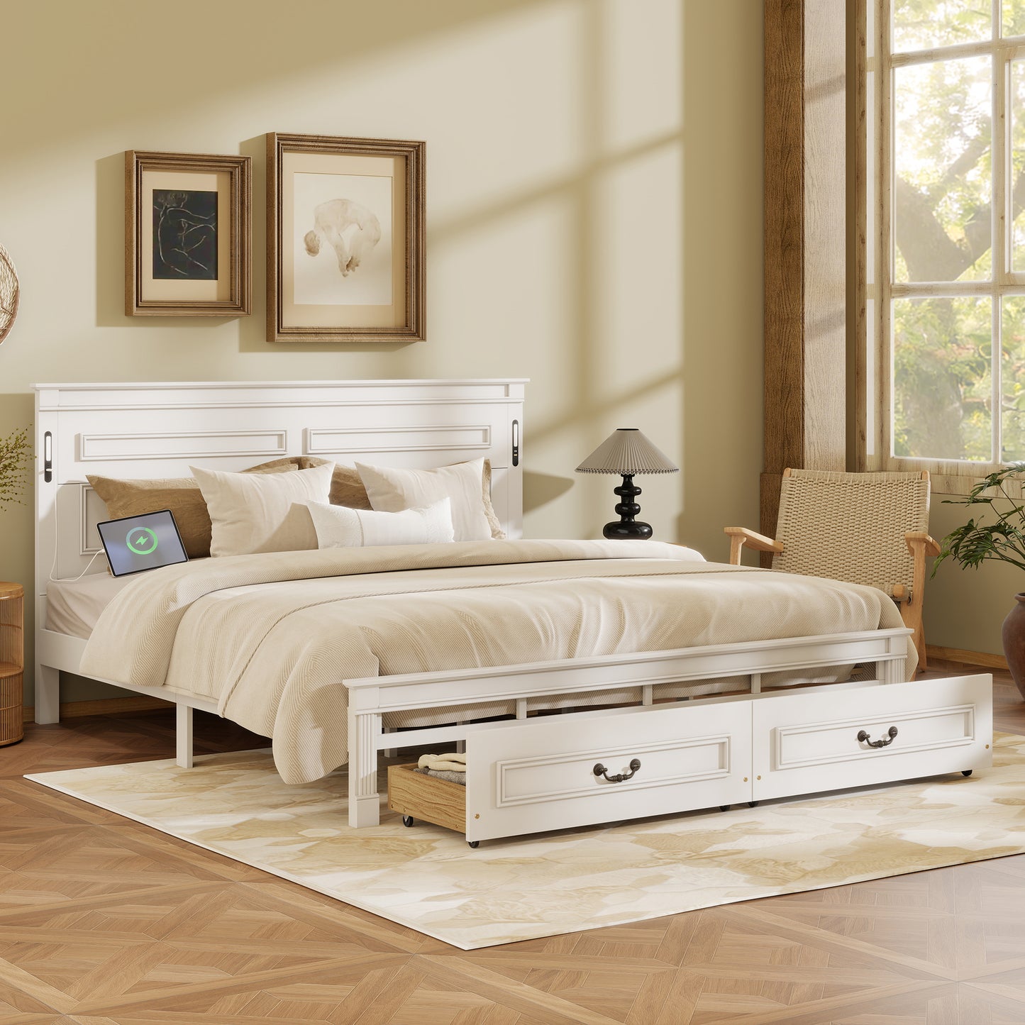 Mirightone ™ Queen Size Bed Frame with 2 Storage Drawers, Strengthened Frame.