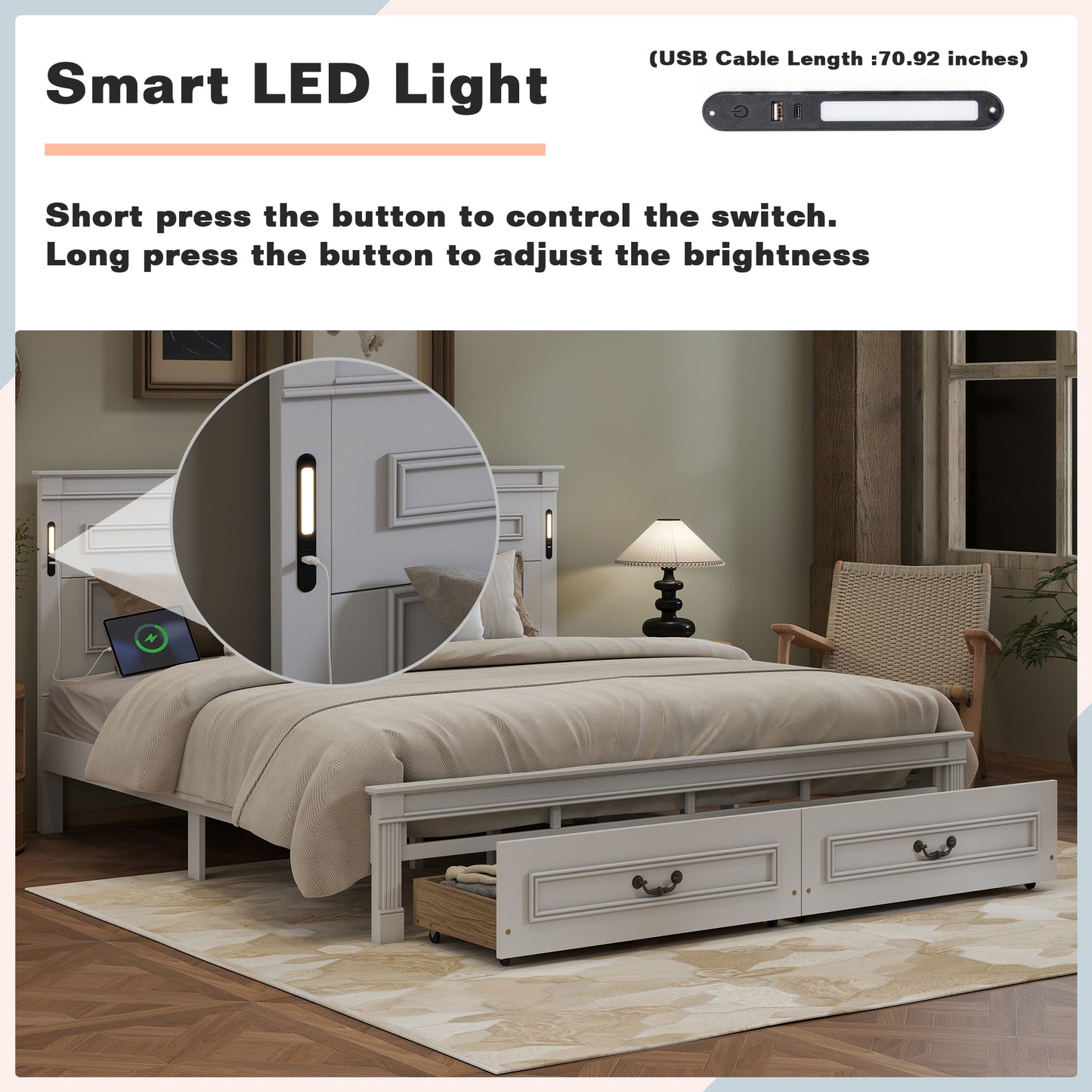 Mirightone ™ Queen Size Bed Frame with 2 Storage Drawers, Strengthened Frame.