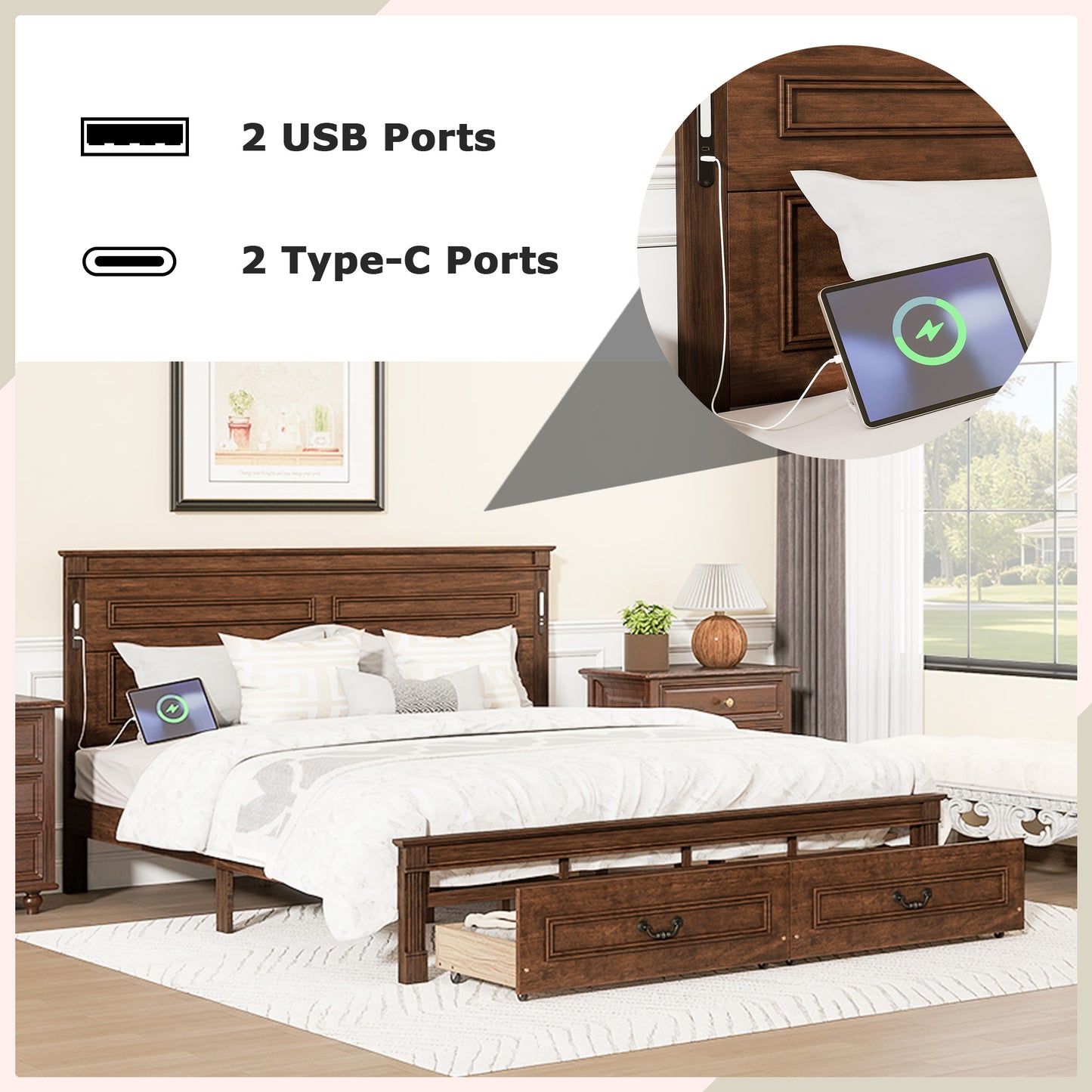 Mirightone ™ Queen Size Bed Frame with 2 Storage Drawers, Strengthened Frame.