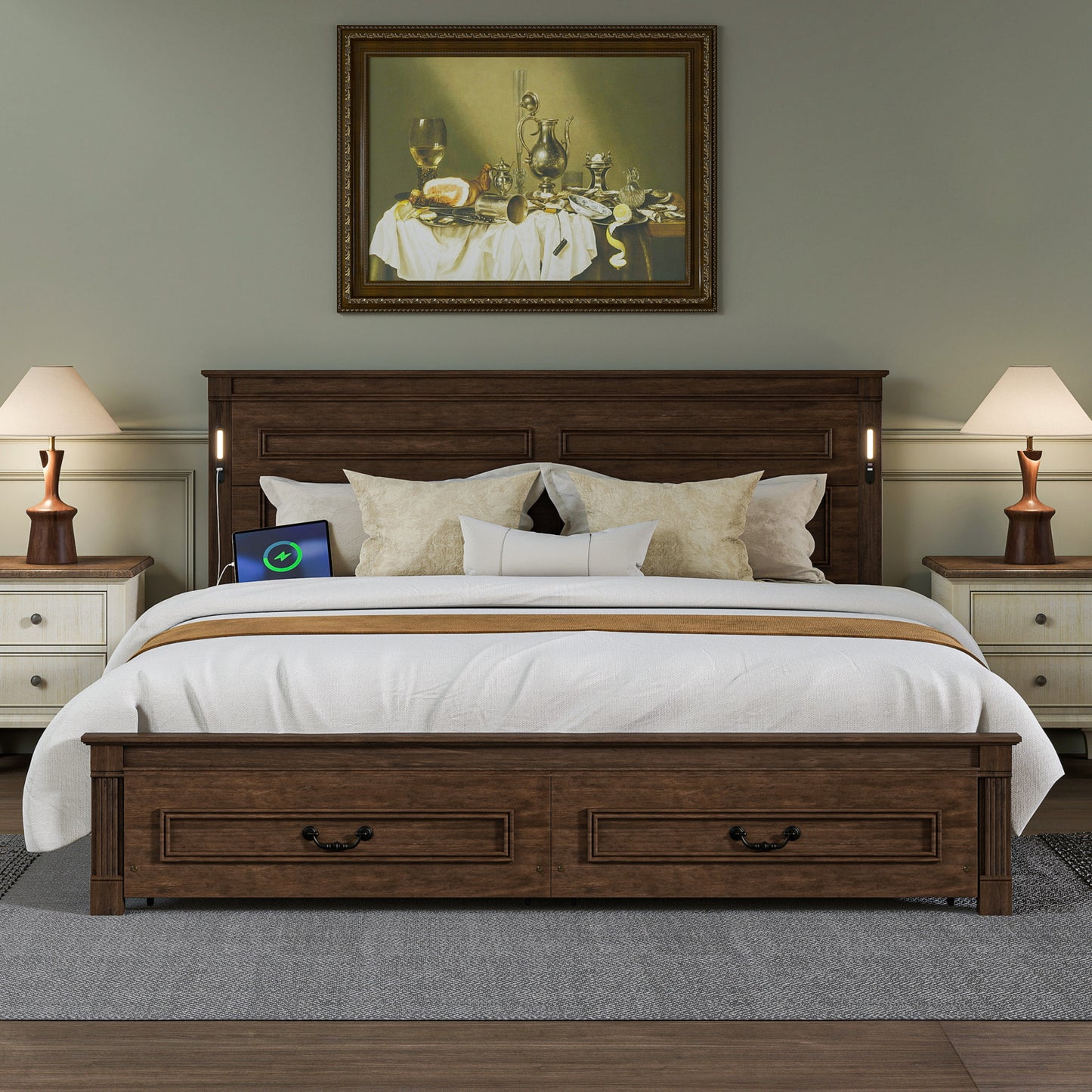 Mirightone ™ Queen Size Bed Frame with 2 Storage Drawers, Strengthened Frame.
