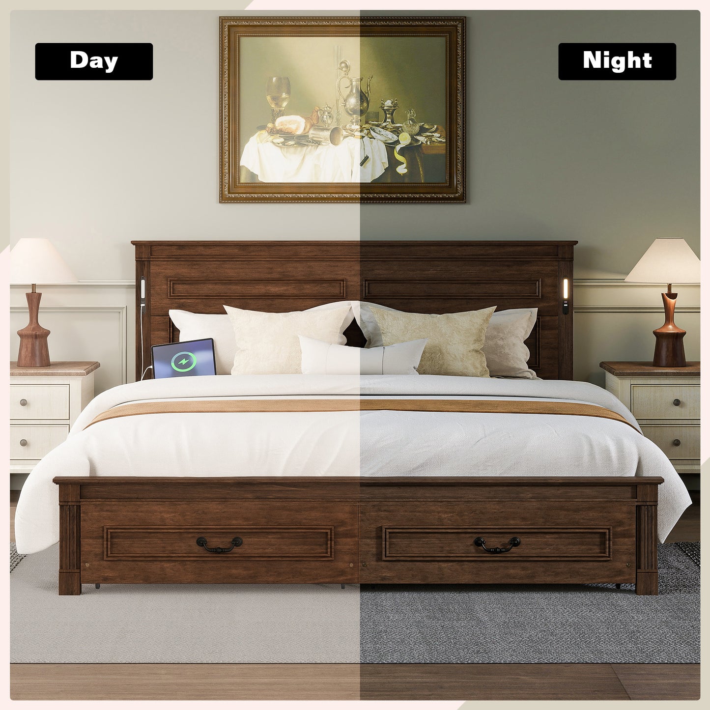 Mirightone ™ Queen Size Bed Frame with 2 Storage Drawers, Strengthened Frame.