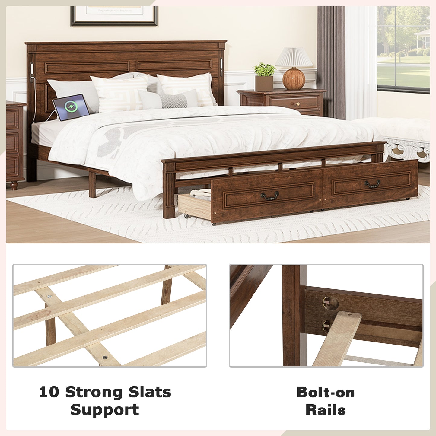 Mirightone ™ Queen Size Bed Frame with 2 Storage Drawers, Strengthened Frame.