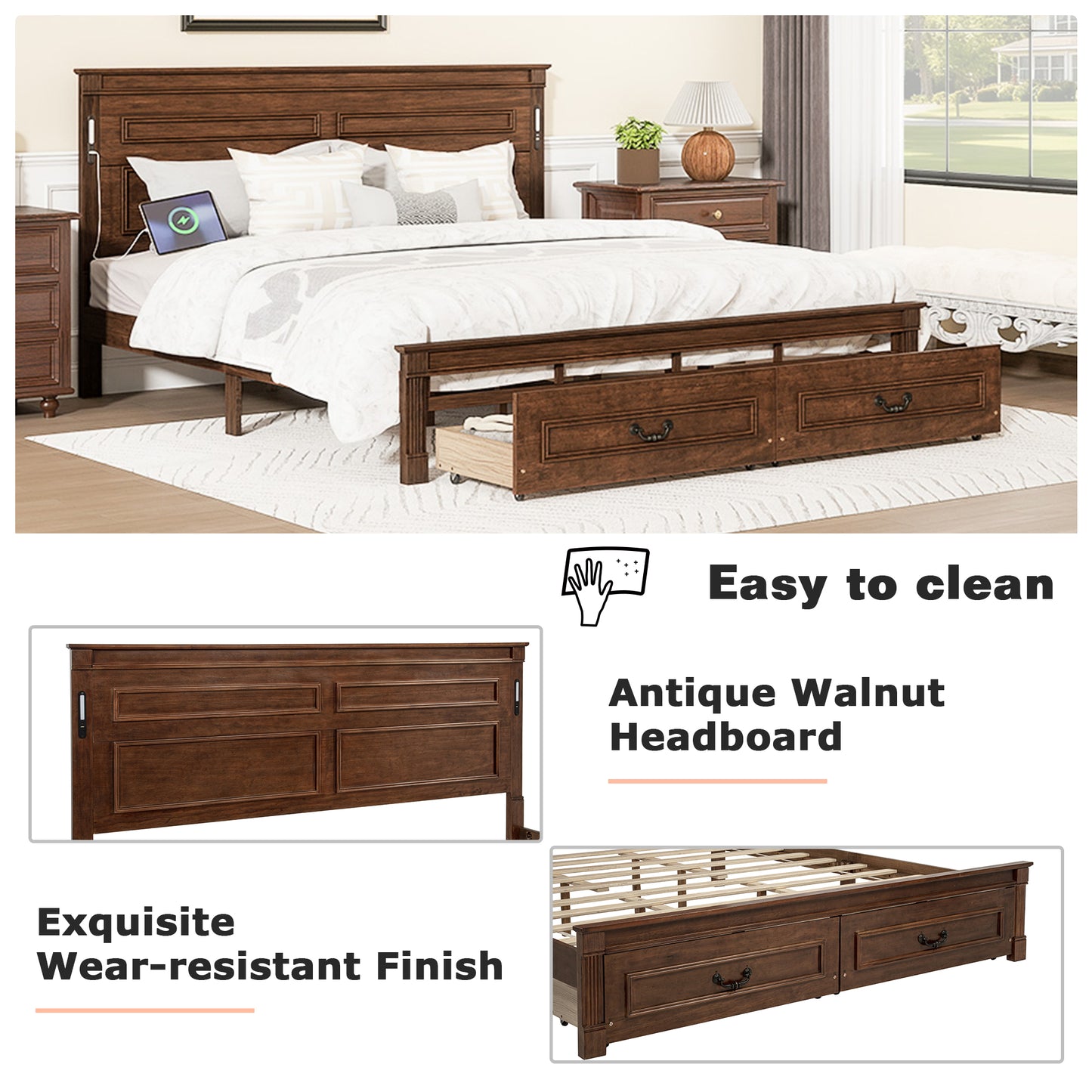 Mirightone ™ Queen Size Bed Frame with 2 Storage Drawers, Strengthened Frame.