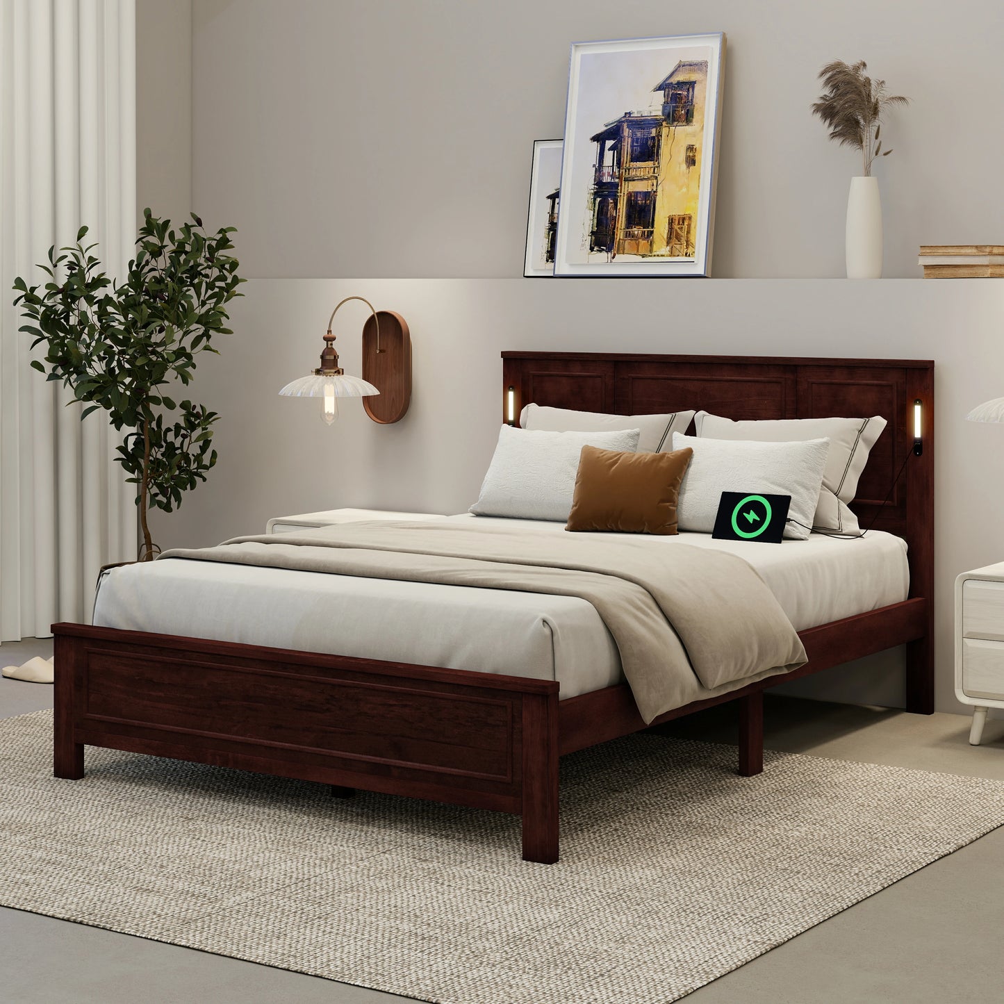 Mirightone™ Queen Size Bed with LED Lights and USB Charging Station