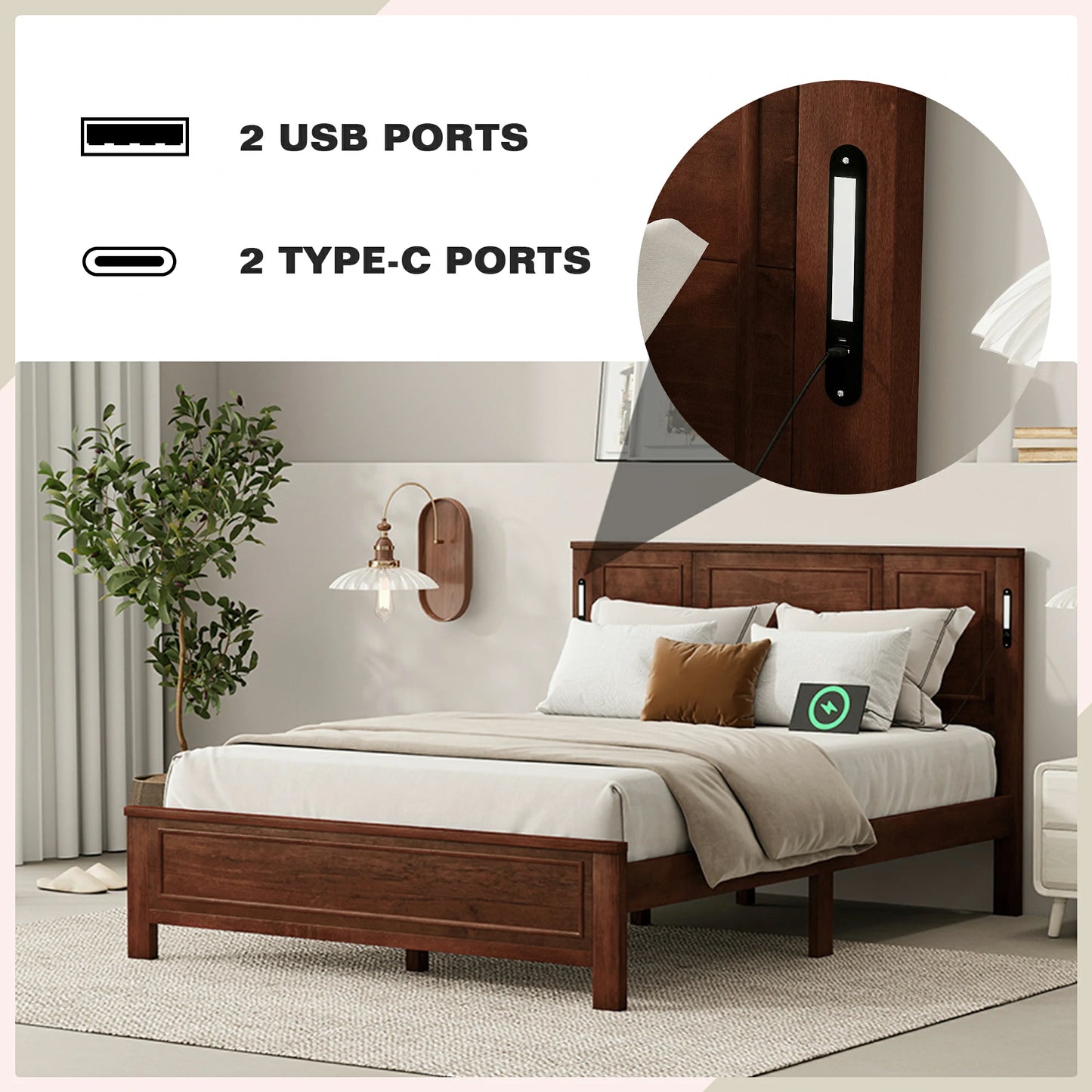 Mirightone™ Queen Size Bed with LED Lights and USB Charging Station