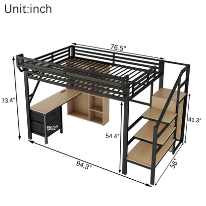 Mirightone™ Full Size Loft Bed with Desk and Charging Station ,7 Open Storage Spaces and LED Lighting ,Designed for Children and Teens,Black
