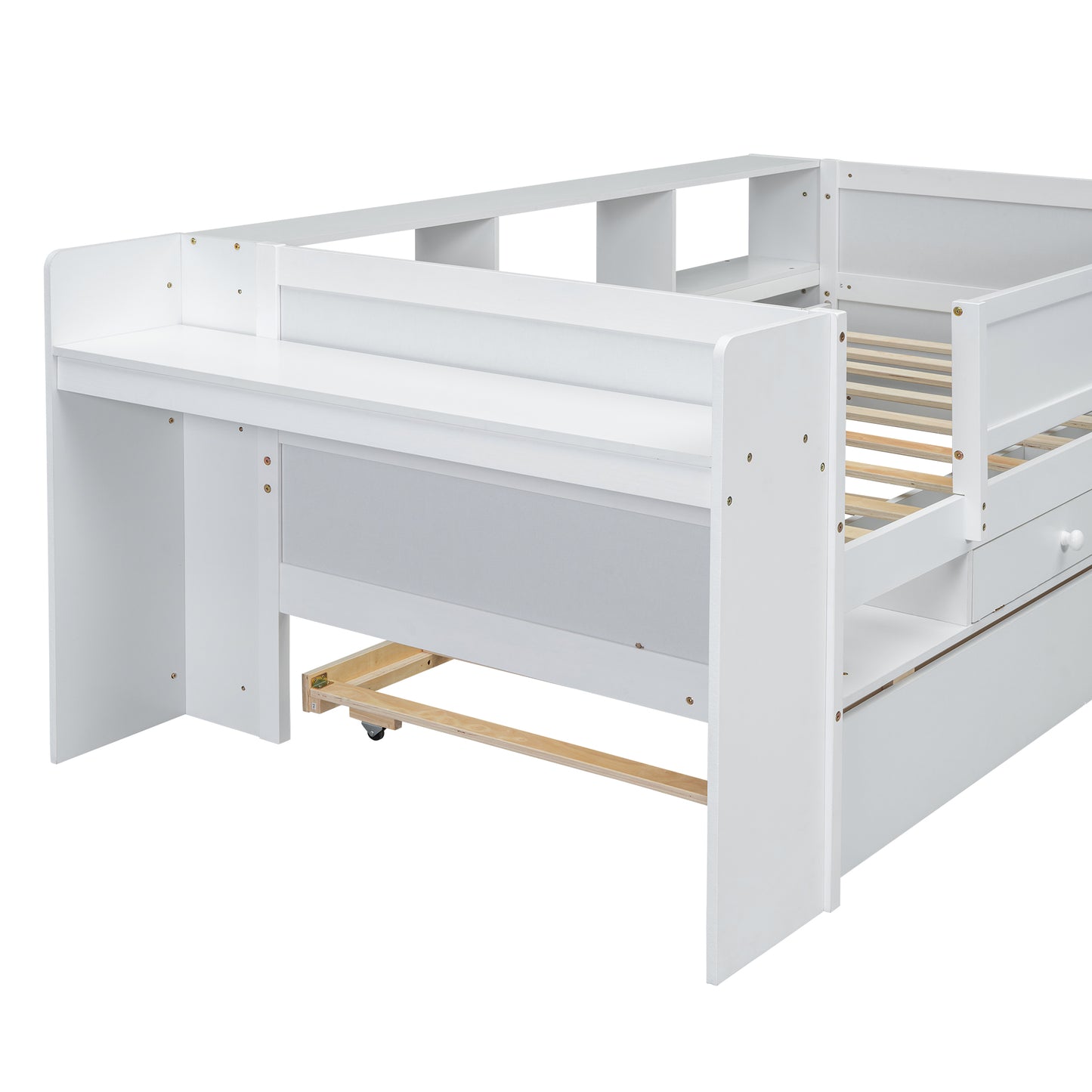 Sideviewoftwindaybedwithintegratedstudydeskandstorageshelves_sturdywoodconstructiondesignedfordurabilityandmultifunctionaluse