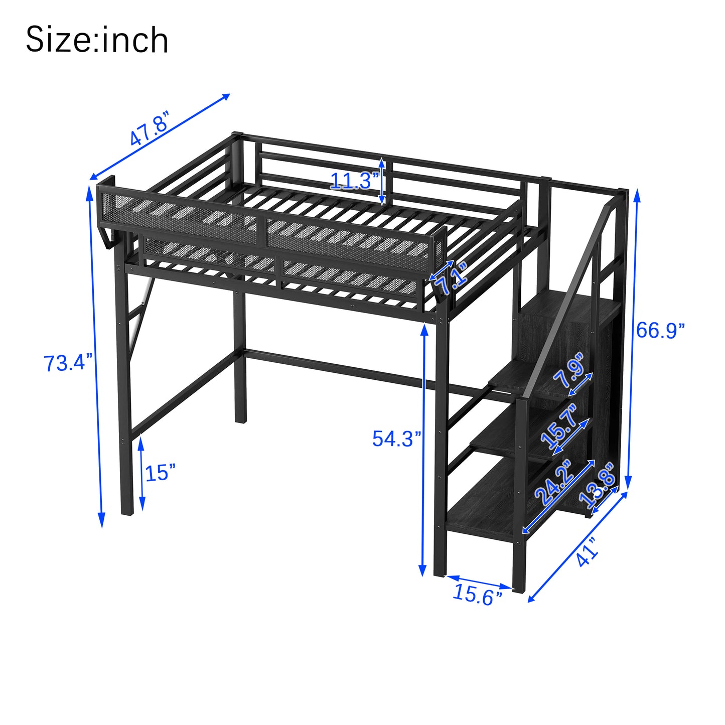 Mirightone™  Twin Size Loft Bed with Stairs and Storage, Metal Loft Bed Frame , Black