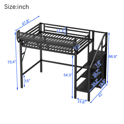 Mirightone™  Twin Size Loft Bed with Stairs and Storage, Metal Loft Bed Frame , Black