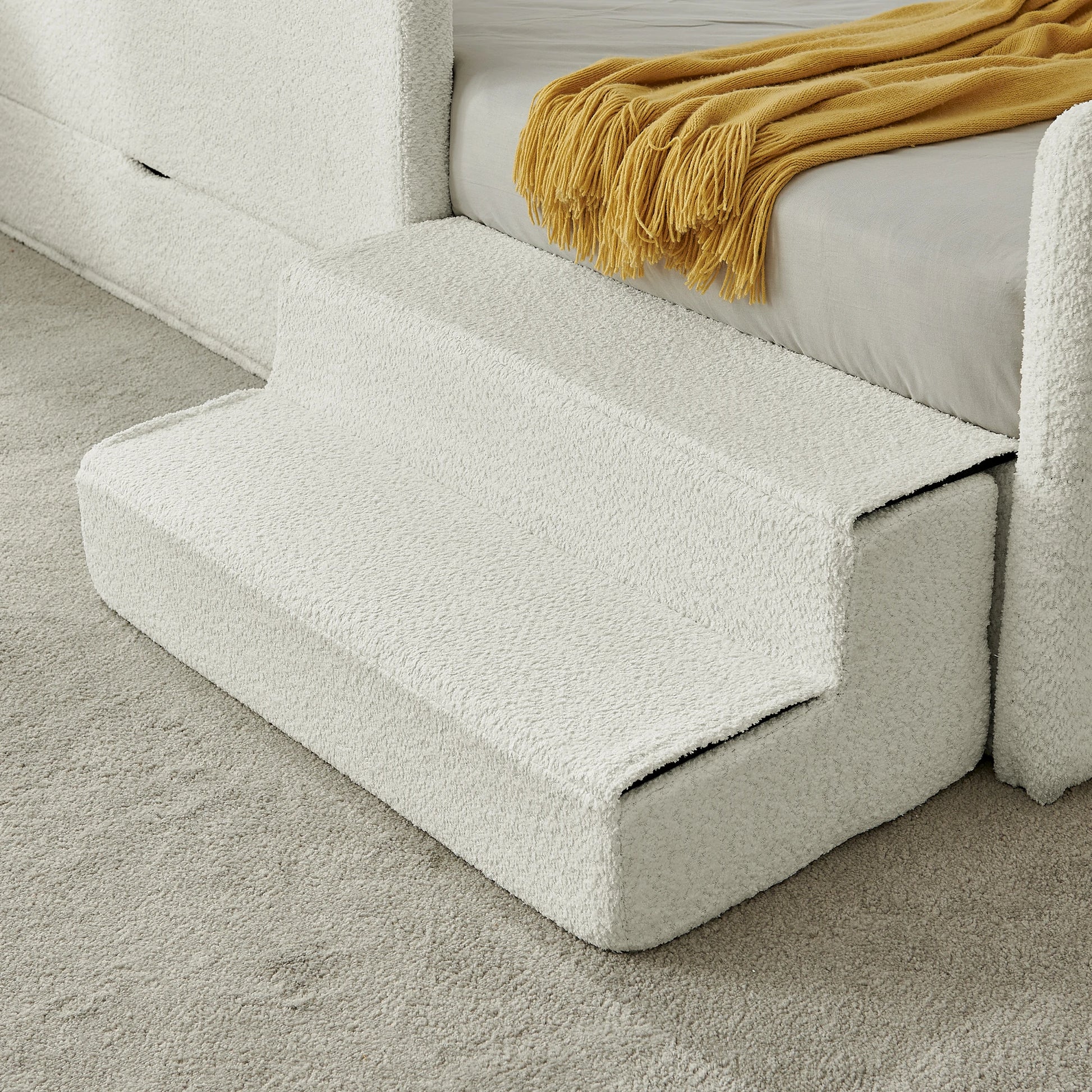 Softfoamstepstoolforkidsbed_upholsteredinbouclefabricforsafeandeasyaccess