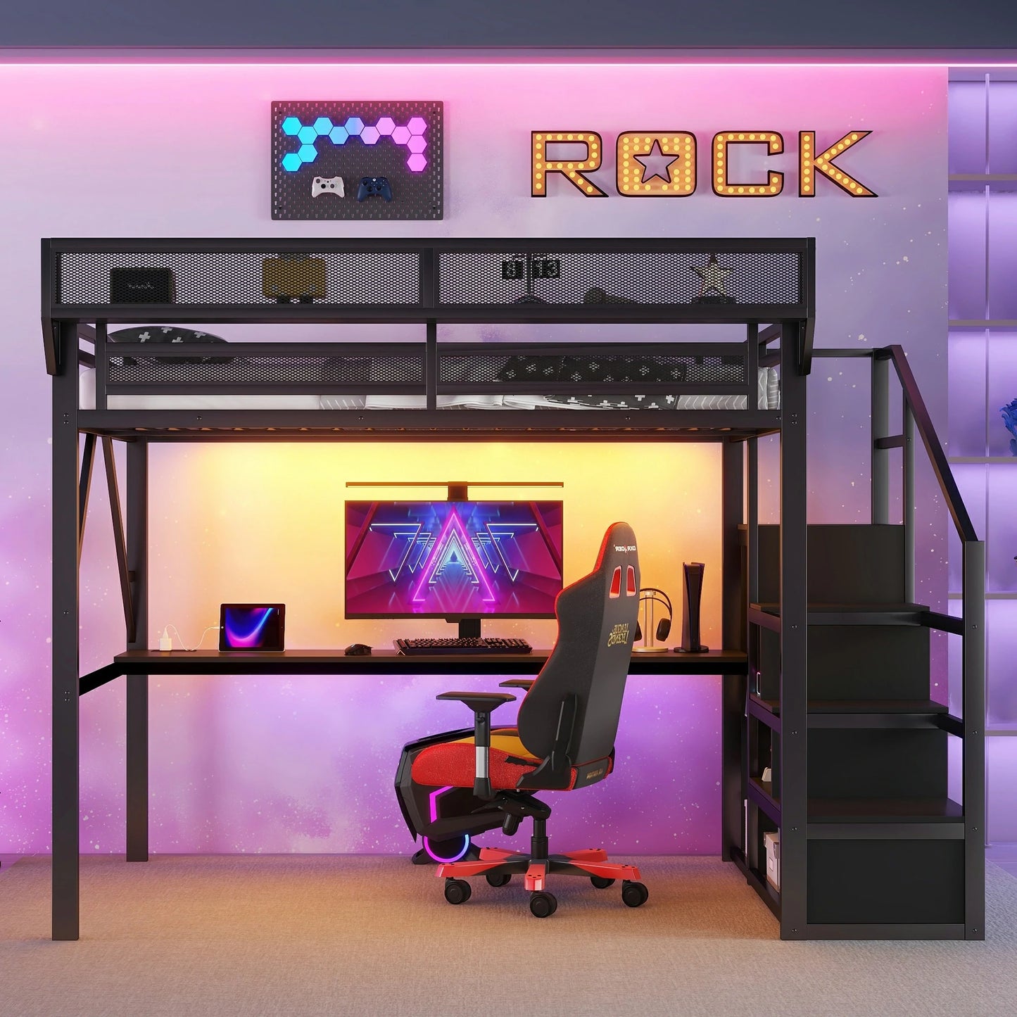 Space-savingloftbedwithdeskandgamingsetupunderneath_moderndesignforkids_teens_orcompactapartments.