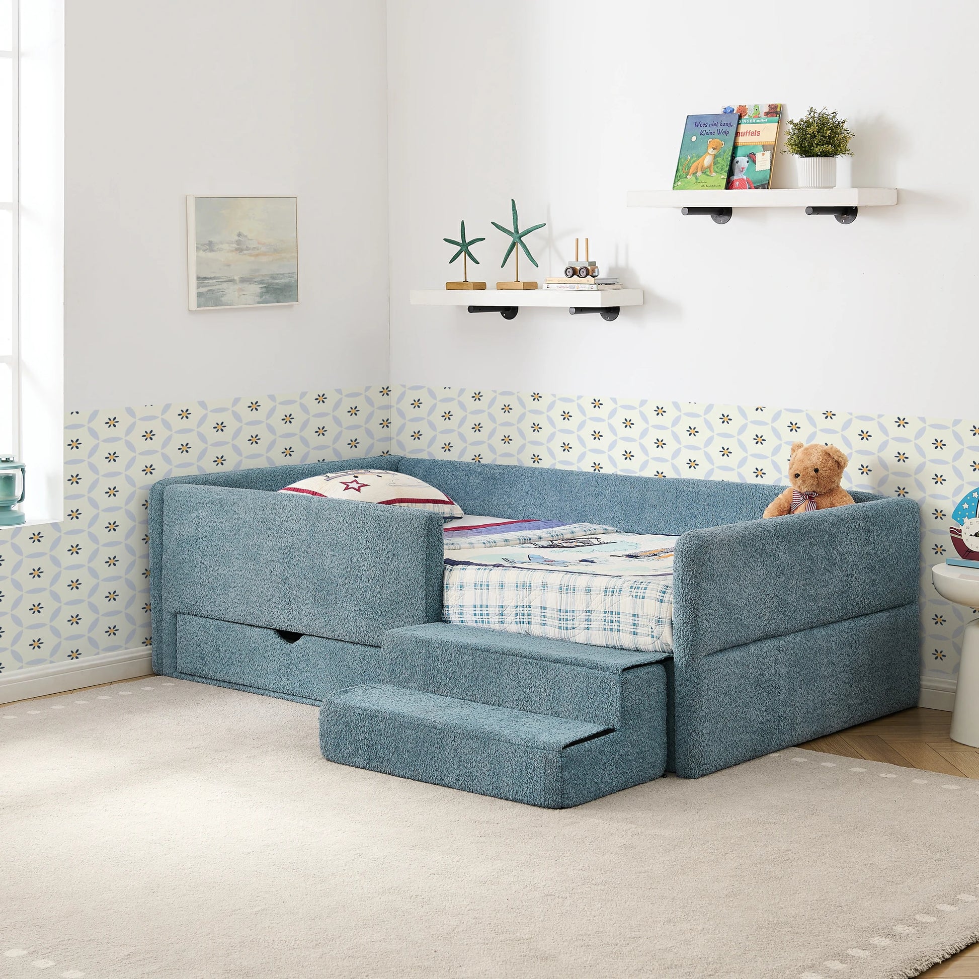 Stylishchildren_sbedwithprotectiveguardrailsandsoftupholstery_perfectforcreatingawarmandsafesleepingspace.