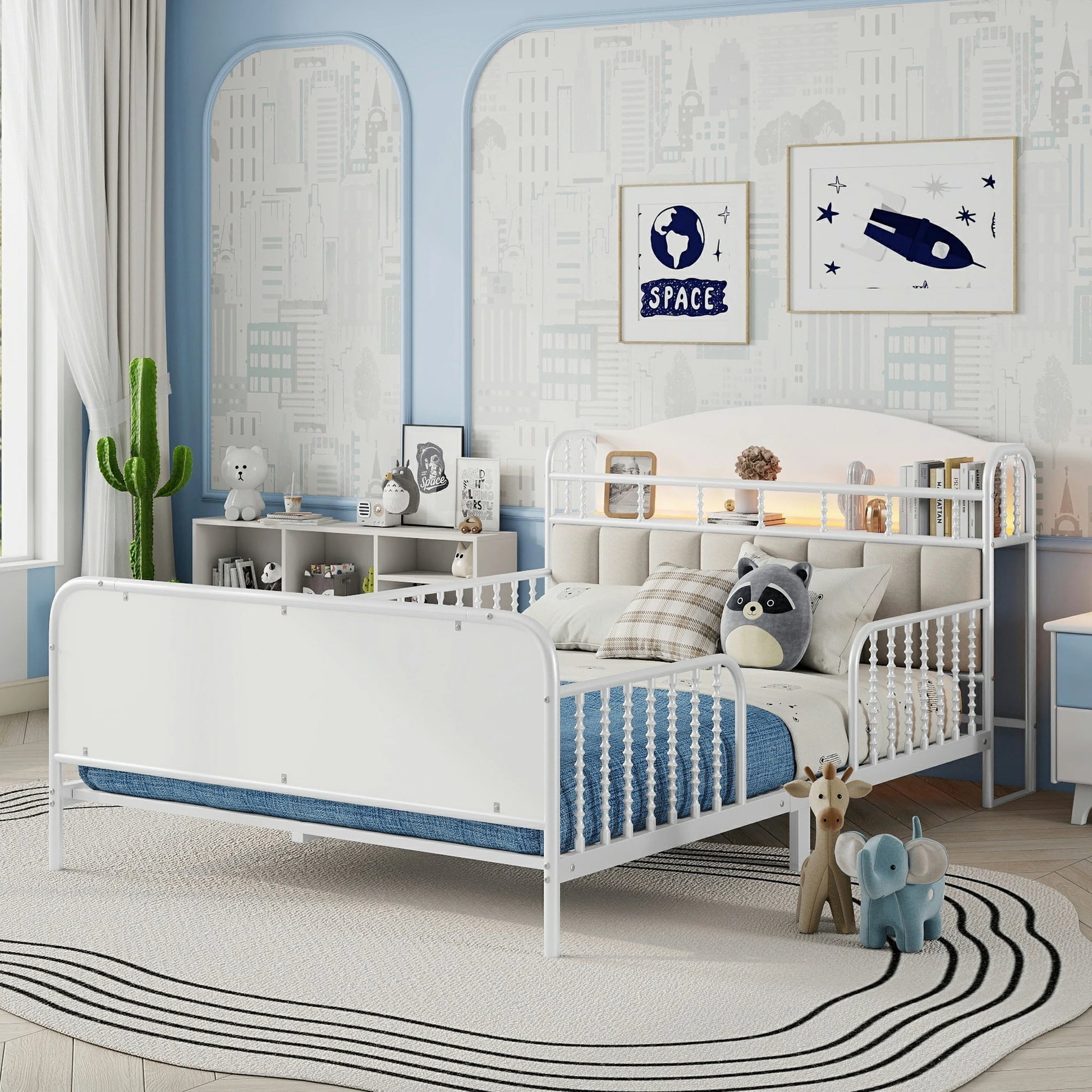 Stylishkidsbedroomwithwhitetwinbed_safetyrails_softheadboardandmoderndecor