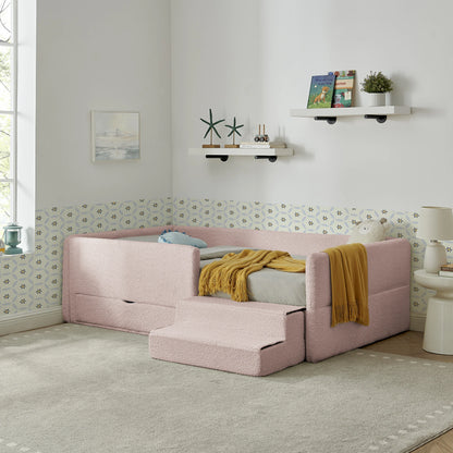 Stylishtoddlerbedwithsoftupholstery_protectiveguardrails_andwarmdecorativeelements.Idealforsafeandcomfortablesleepenvironments.