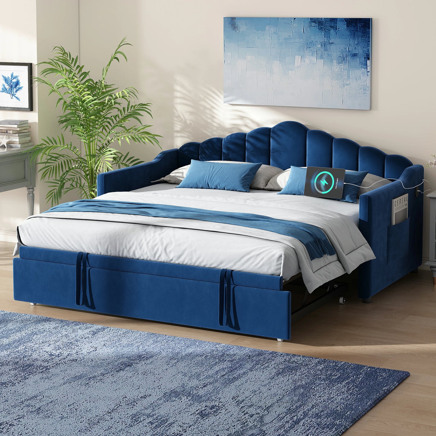 Stylishtwindaybedwithtrundleinamodernbedroom_combiningcomfort_elegance_andpracticalfunctionality.