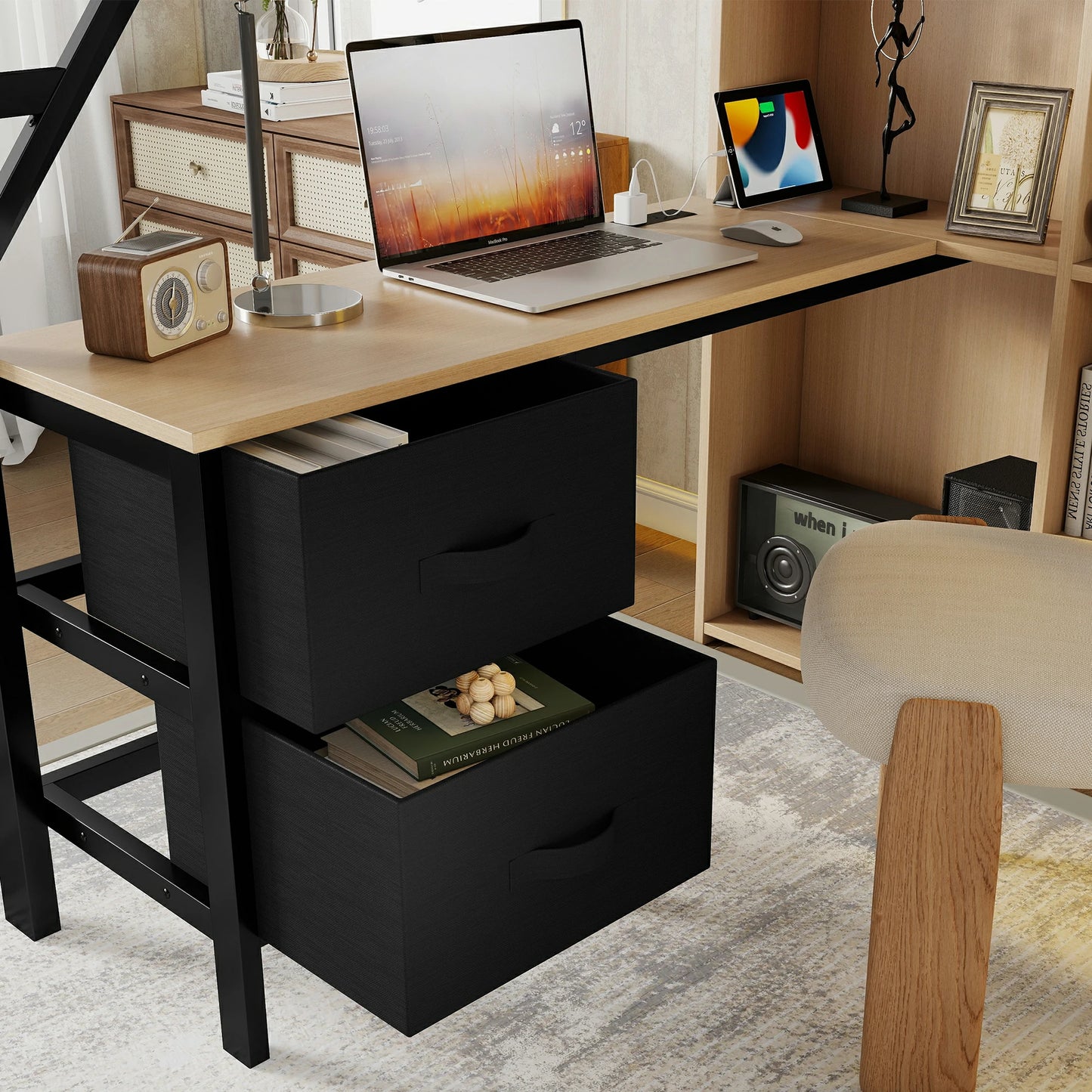 Mirightone™ Full Size Loft Bed with Desk and Charging Station ,7 Open Storage Spaces and LED Lighting ,Designed for Children and Teens,Black