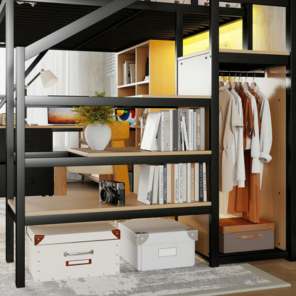 Mirightone™ Full Size Loft Bed with Desk and Charging Station ,7 Open Storage Spaces and LED Lighting ,Designed for Children and Teens,Black