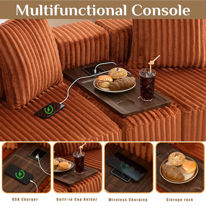 The_multifunctional_console_of_the_orange_modular_sofa_featuring_a_built-in_cup_holder_USB_charging_port_wireless_charging_pad_and_practical_storage_surface_for_added_everyday_conveni