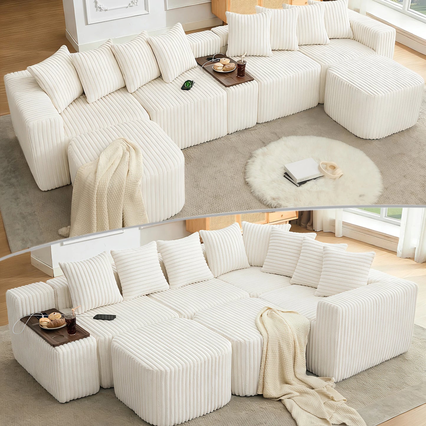 Mirightone™ 137.5" U Shaped Sofa Couch with USB, Wireless Charge & Coffee Table