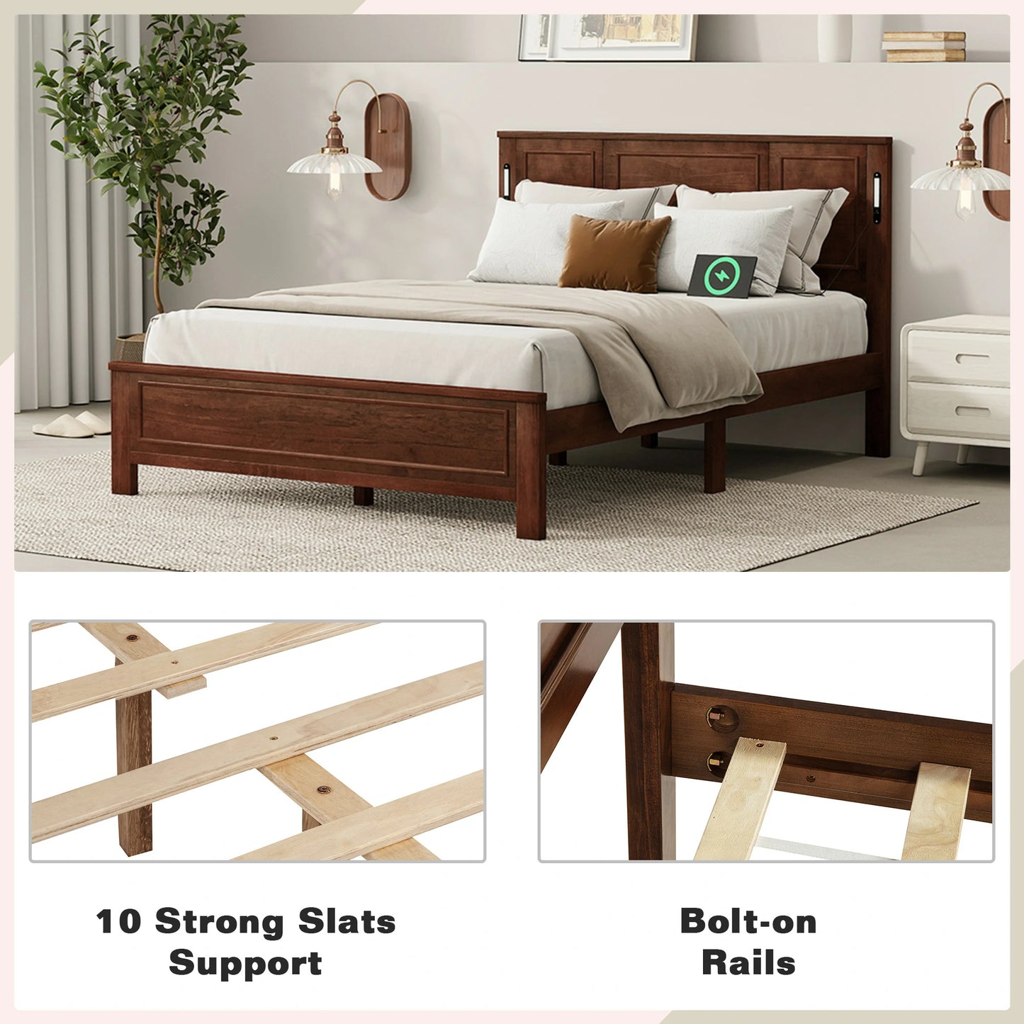 Mirightone™ Queen Size Bed with LED Lights and USB Charging Station