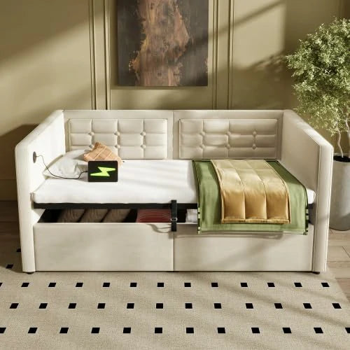 Thisisatwin-sizeupholsteredvelvetdaybedwithamplestoragespace_featuringUSBandType-Cchargingports_offeringbothcomfortandconvenience.1