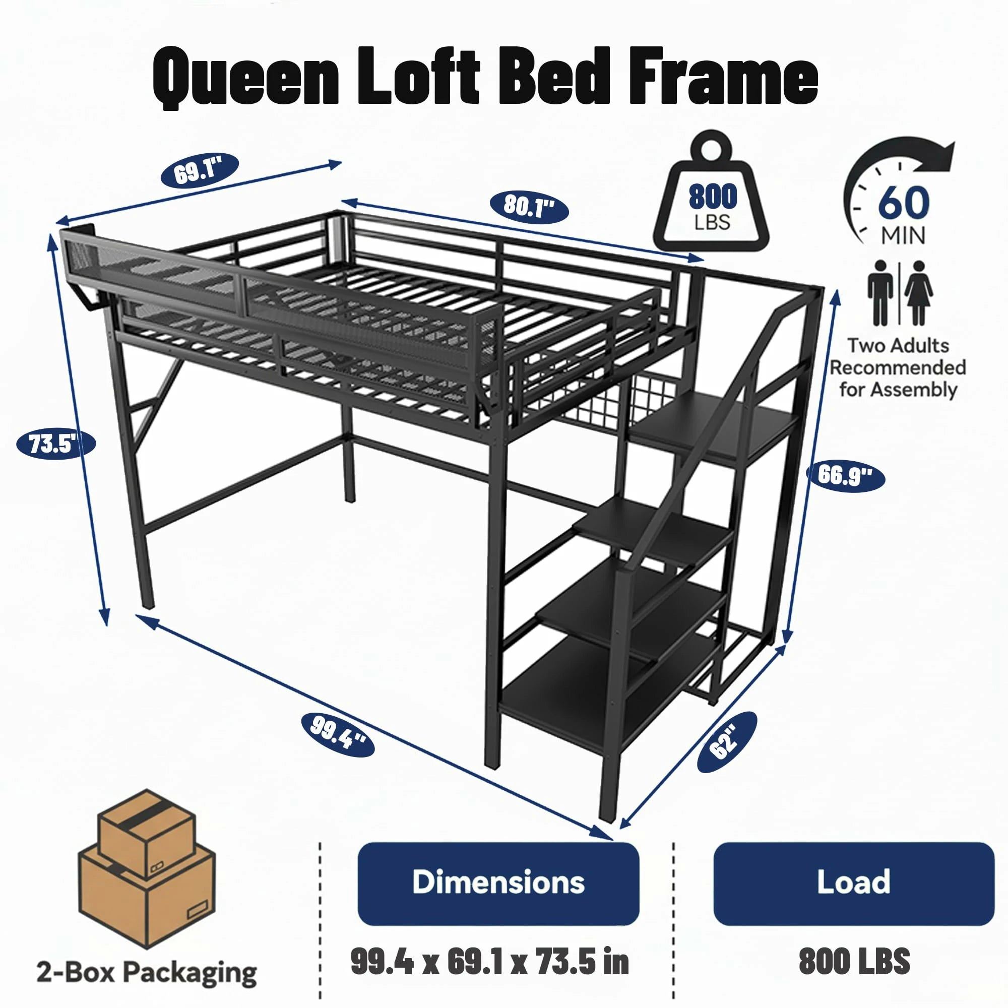 Thismetalloftbedcansupportupto800poundsandisshippedintwopackages.Itisveryeasytoassemble_twopeoplecancompletetheprocessinabout60minutes_andmea