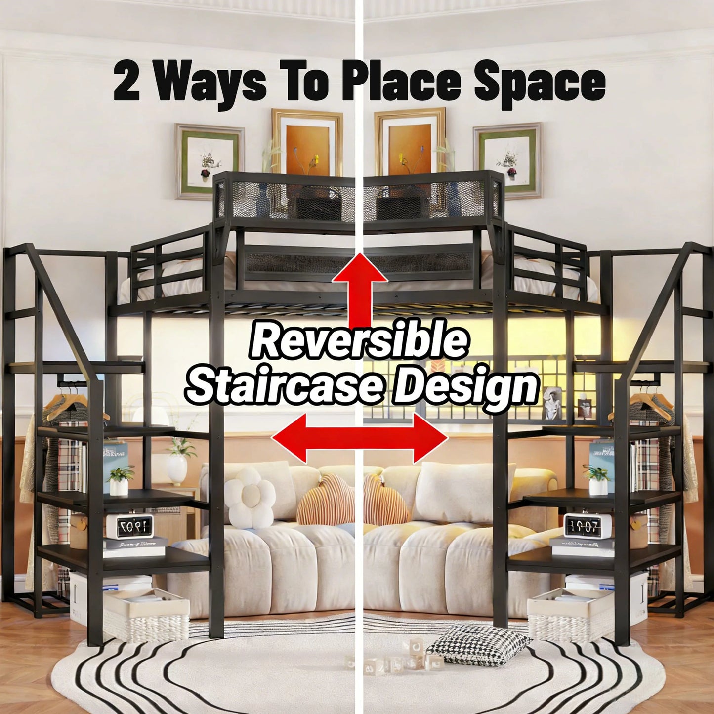 Thisqueensizeloftbedofferstwoladderconfigurationsandavarietyofstylingoptionstohelpyoucustomizetheroomtoyourliking.