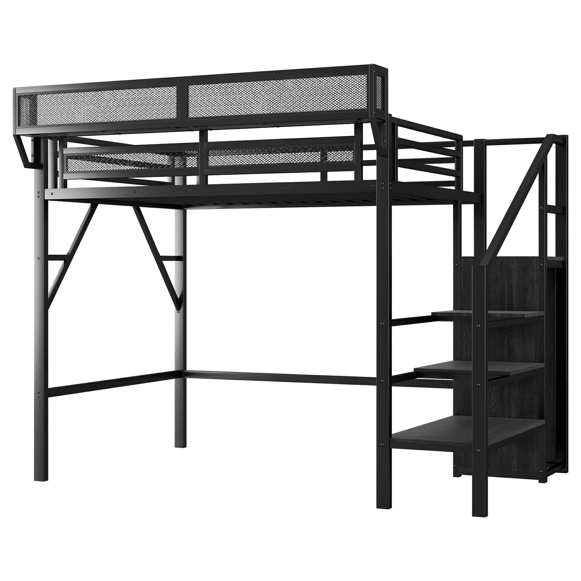 TwinXLblackmetalloftbedwithstairsandstorageshelvesisolatedonwhitebackground