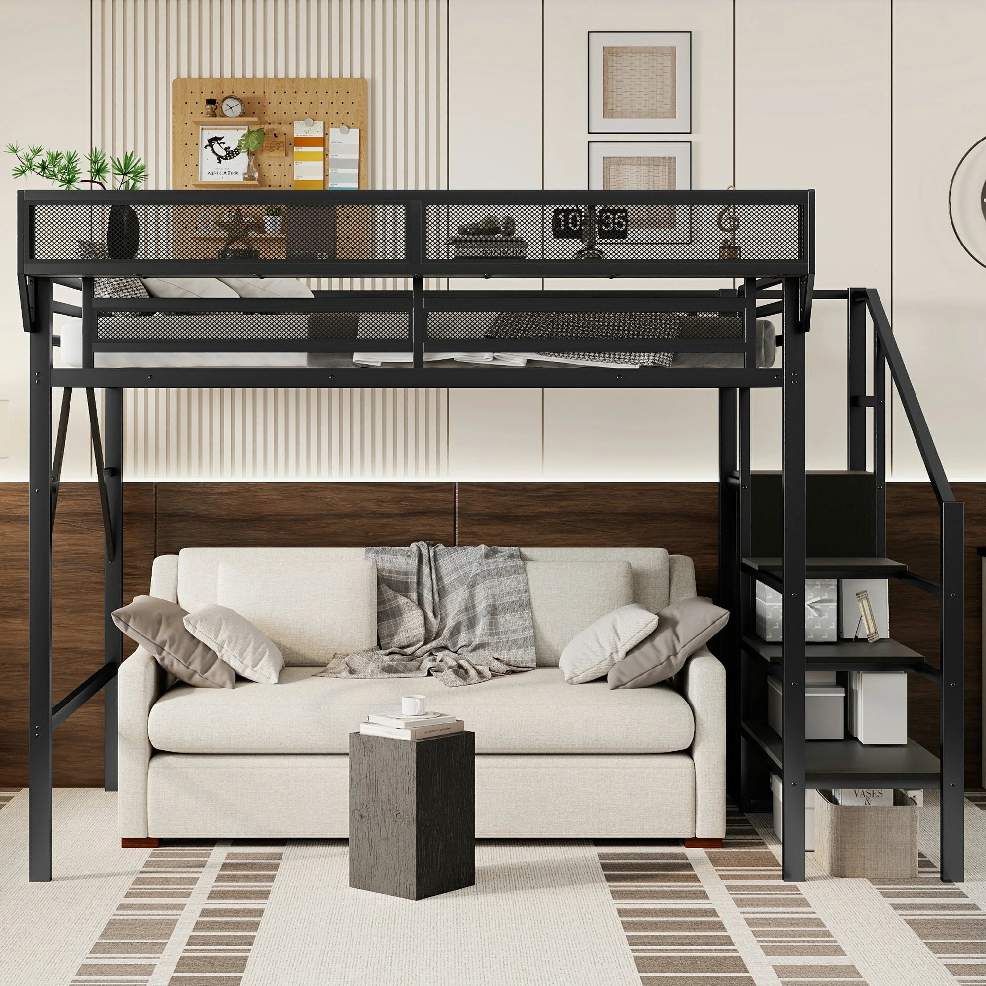 Twin XL Size Loft Bed with Stairs and Storage Shelves, Wardrobe