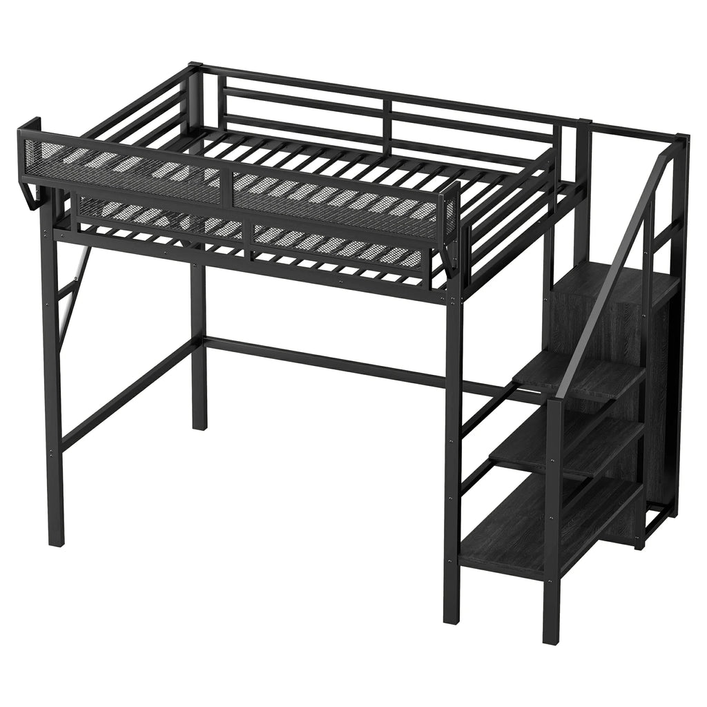 TwinXLloftbedsideviewmetalframewithstairsandshelvesblackfinish