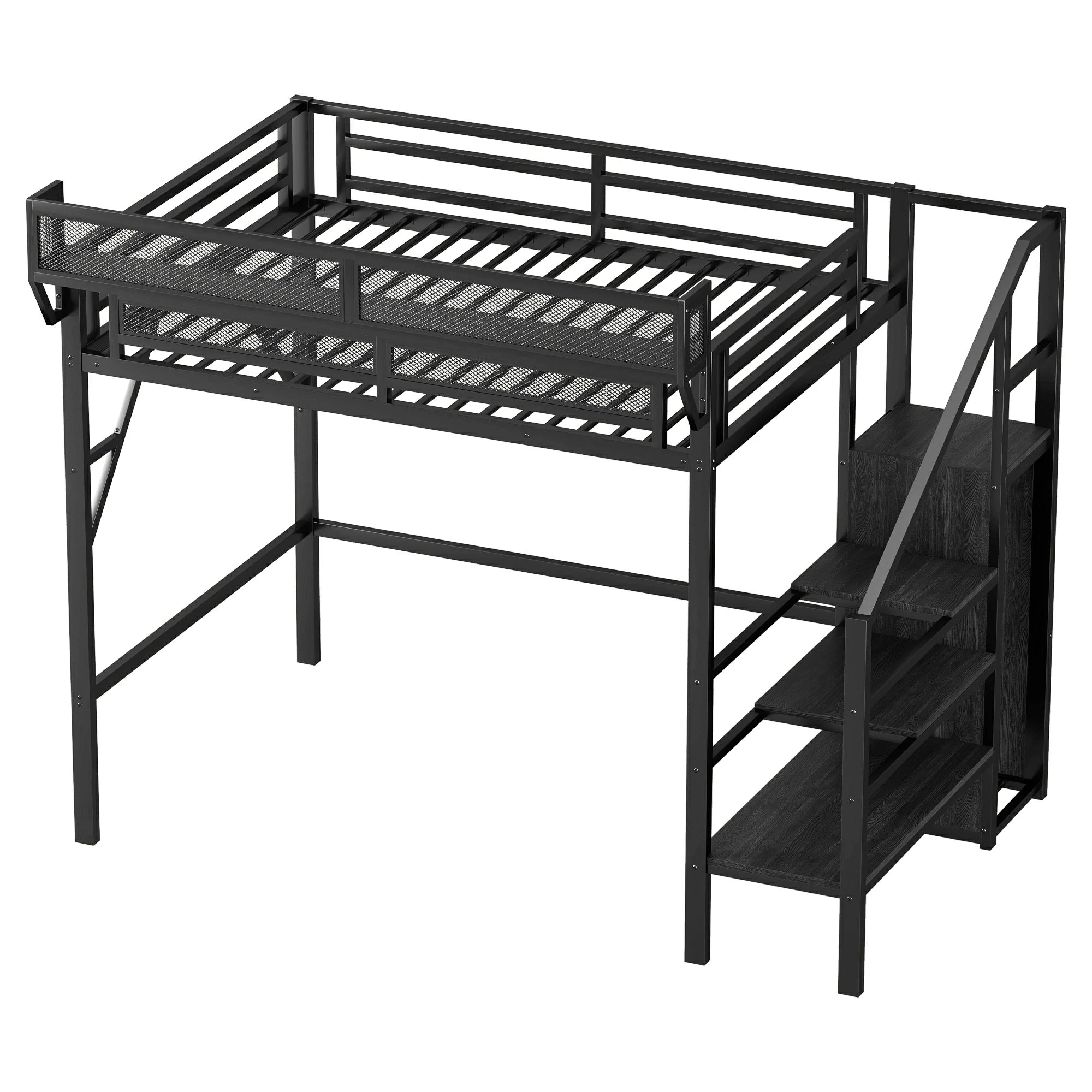 TwinXLloftbedsideviewmetalframewithstairsandshelvesblackfinish