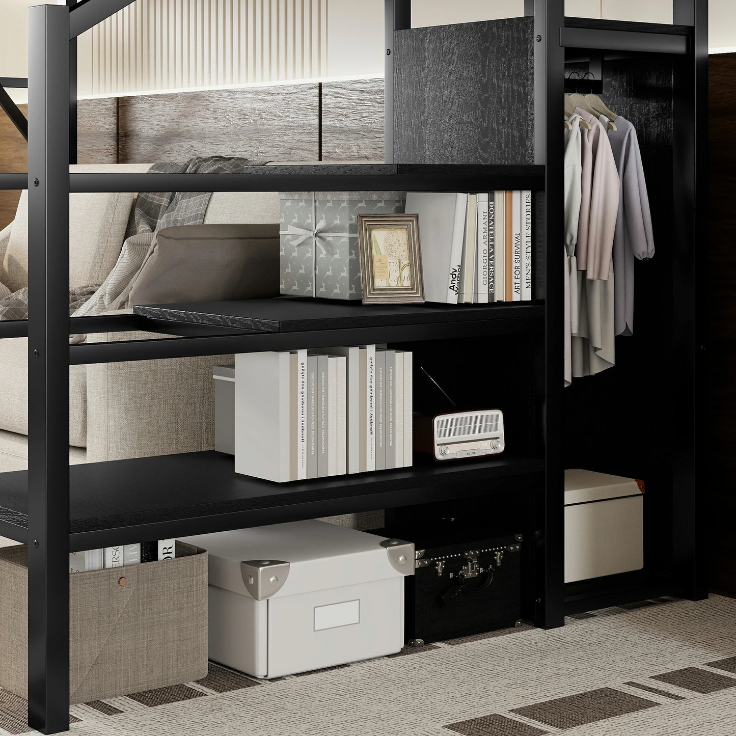 Mirightone™ Twin XL Size Loft Bed with Stairs and Storage Shelves, Wardrobe