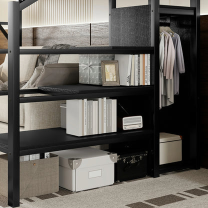 Mirightone™ Twin XL Size Loft Bed with Stairs and Storage Shelves, Wardrobe
