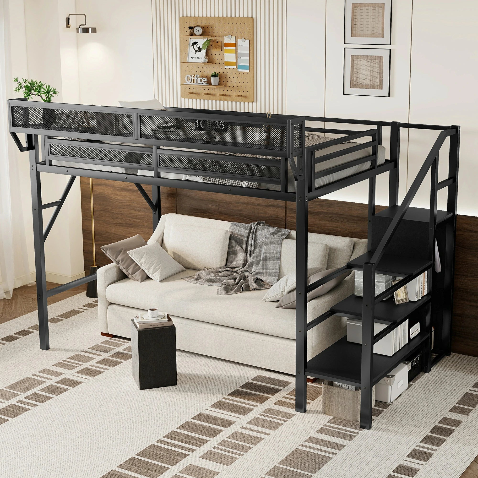 TwinXLloftbedwithstoragestairsandshelvesblackmetalframemultifunctionaldesign