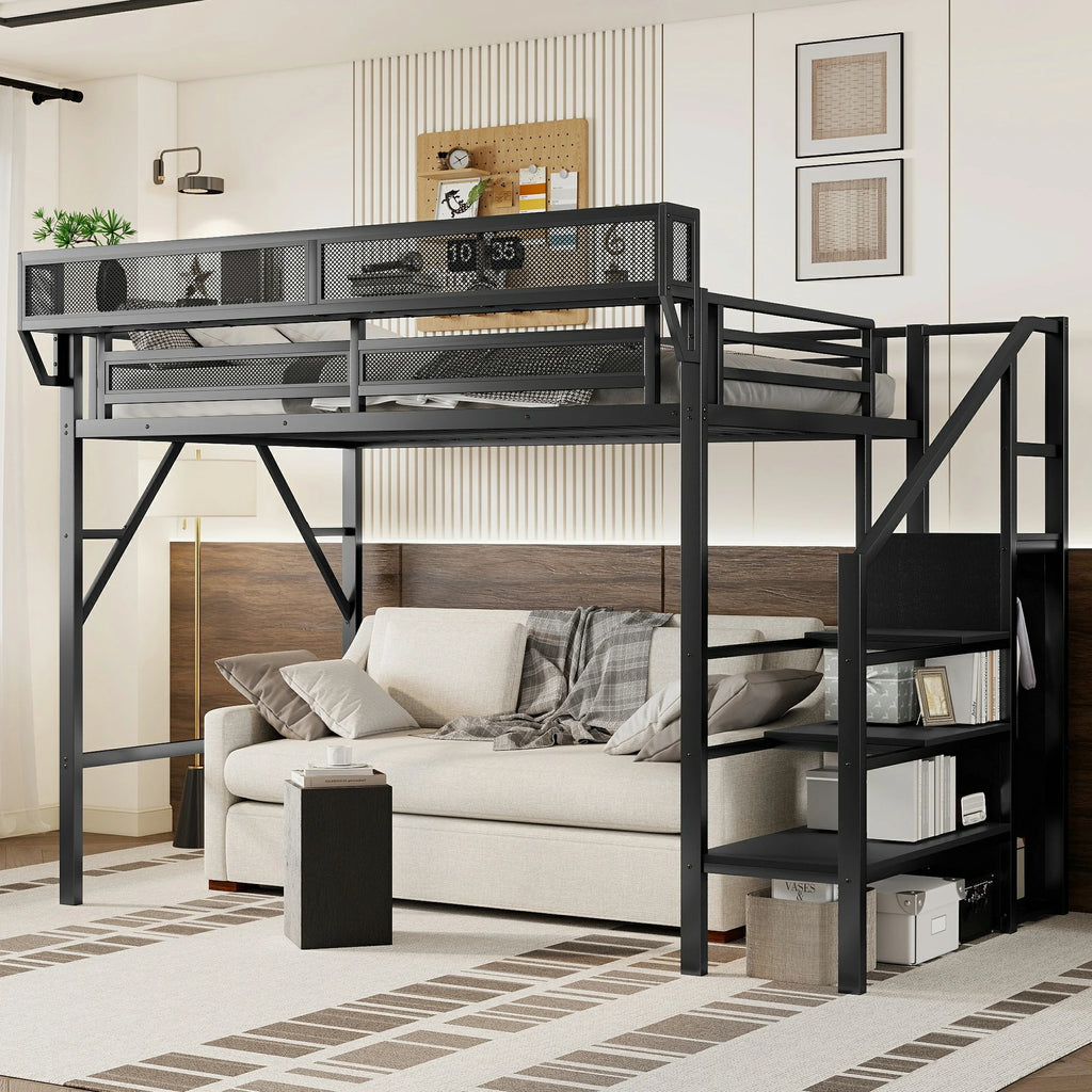 TwinXLmetalloftbedwithstairsandstorageoversofamodernspacesavingloftbedframeblack