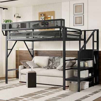 Mirightone™ Twin XL Size Loft Bed with Stairs and Storage Shelves, Wardrobe
