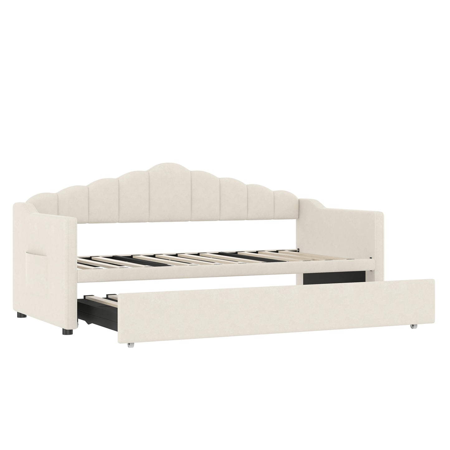 Twindaybedframewithpull-outpopuptrundlebedandsturdyslatssupportsystem