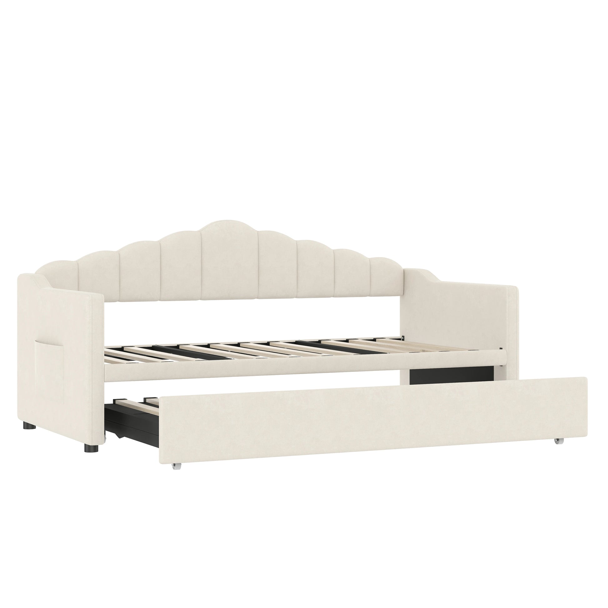 Twindaybedframewithpull-outpopuptrundlebedandsturdyslatssupportsystem
