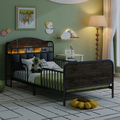TwindaybedwithwarmLEDheadboardlightingincozykidsbedroom_modernindustrialstylebedframe