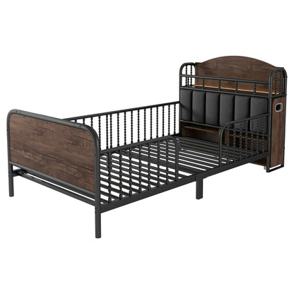 Twinkidsbedframewithmetalslats_upholsteredbackrestandstorageheadboard