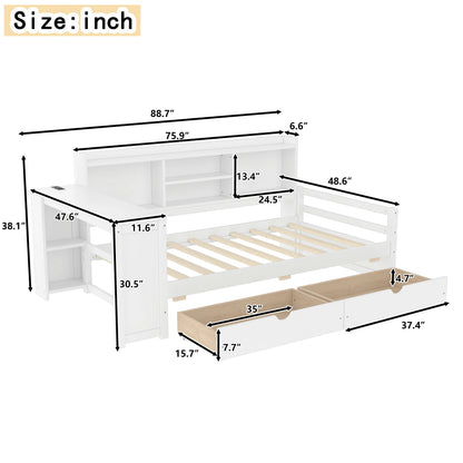 Mirightone™ Twin Size Daybed with Storage Drawers & Desk & Charging Port & Bookcase
